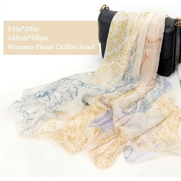 Women's Khaki-flower Fashion Lightweight Head Scarf Floral Print Chiffon Scarves - Picture 3 of 6